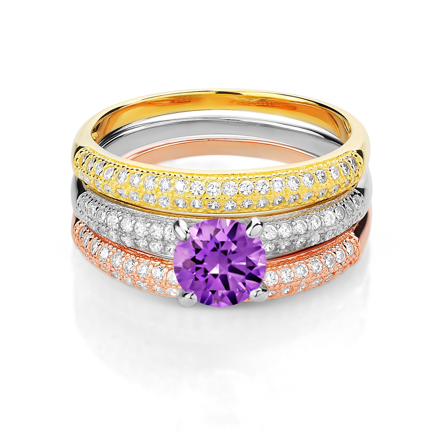 2.94 Ct Round Purple Zirconia 925 Sterling Silver Set of 3 Stacking Ring