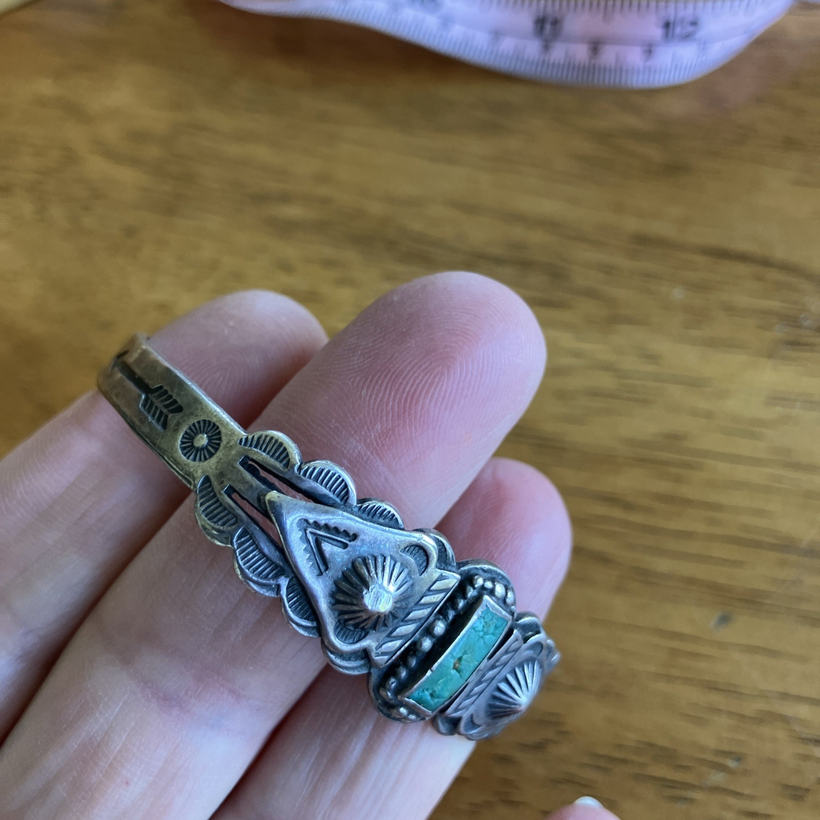 Vintage Fred Harvey Era Sterling Silver Turquoise Cuff Bracelet Feather Arrow