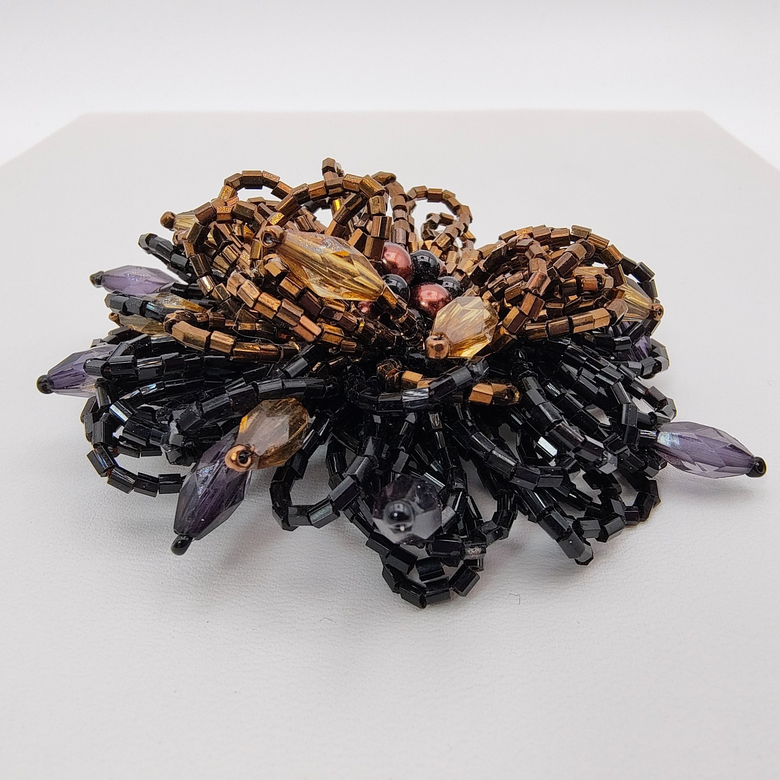 Beaded Flower Brooch Brown Black Boho Glam Maximalist Style Fashion Large