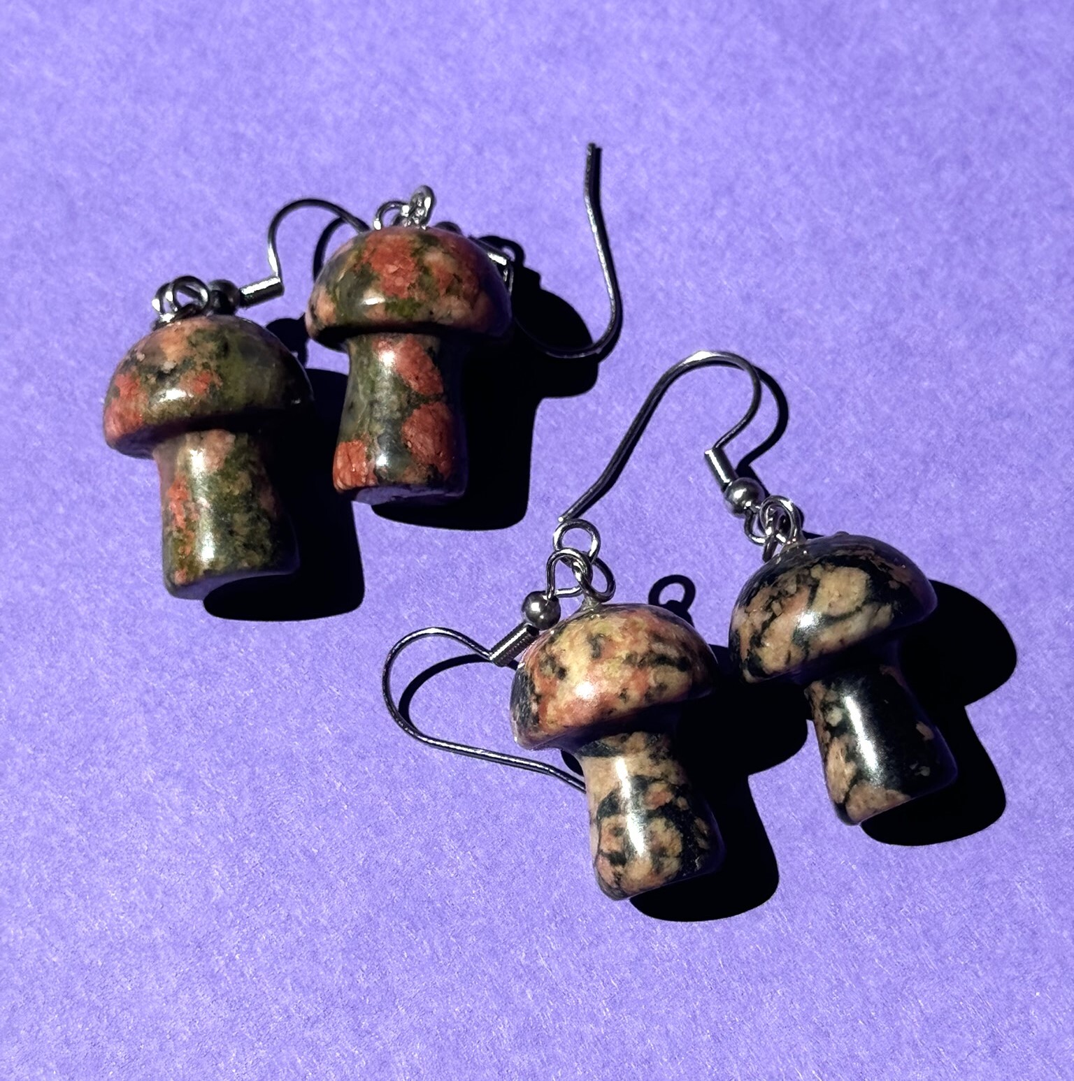 New Handmade Carved Mushroom Genuine Stone Earrings assorted Stones 1 3/4 inches