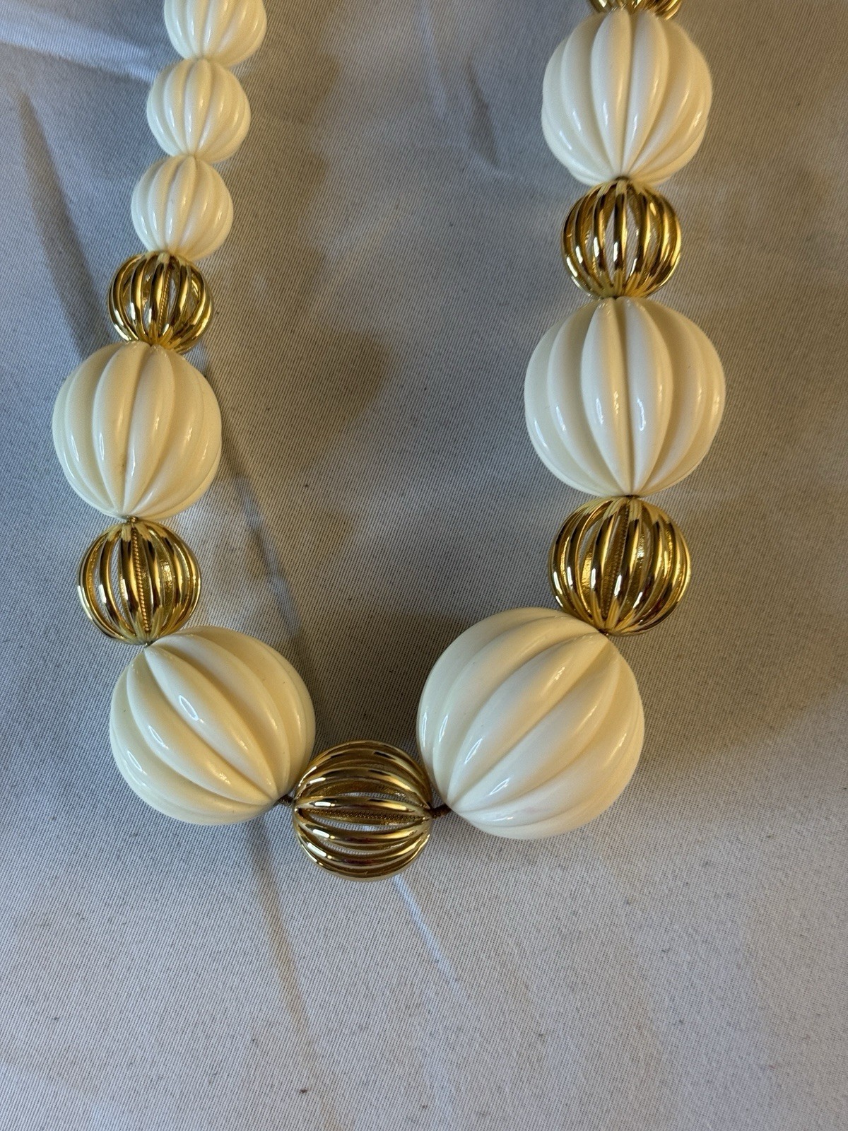 White & Gold Beaded Statement Necklace Toggle Closure