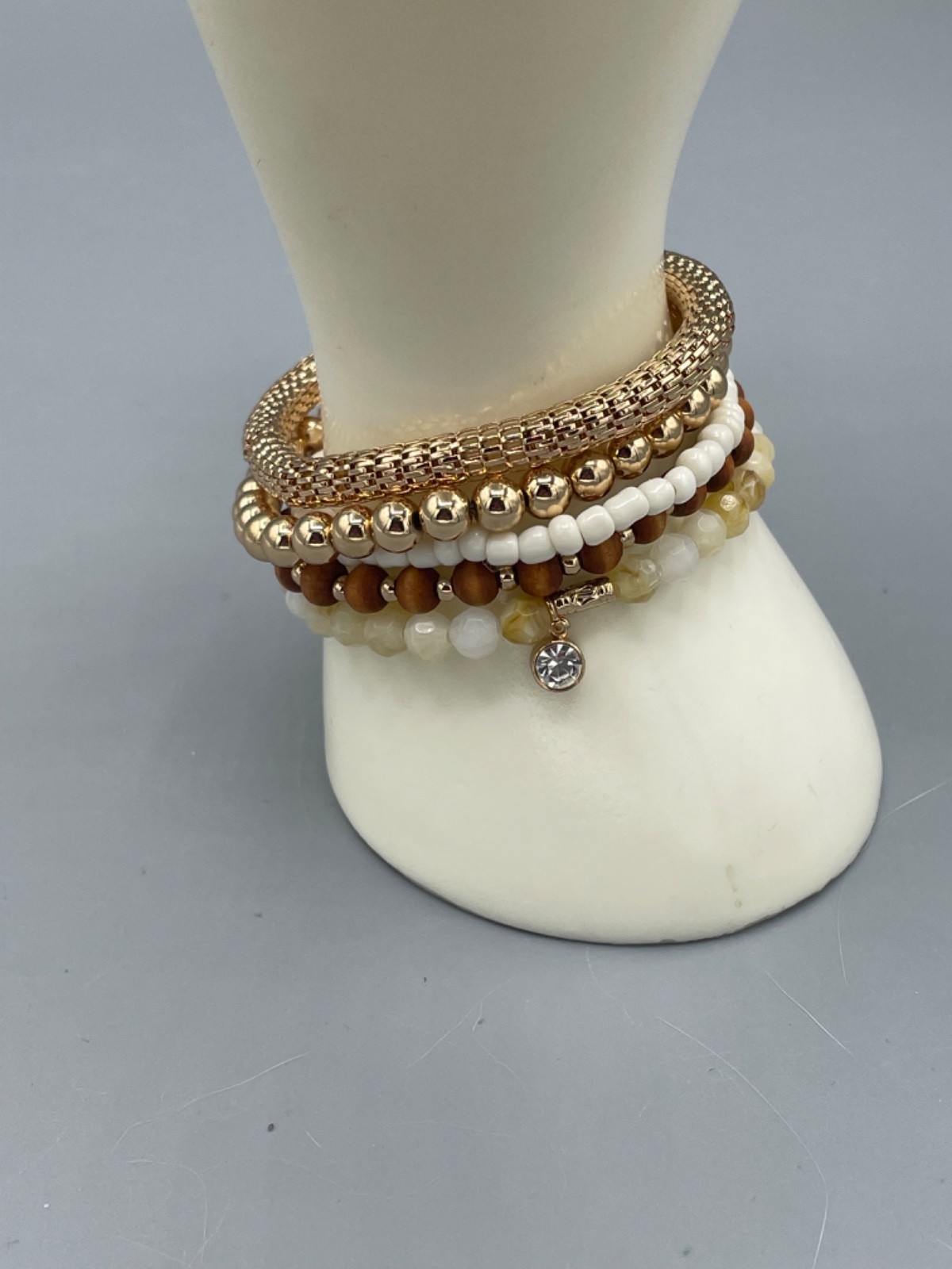 NWT Lovisa Beaded Stretch Bracelets Gold White Brown Wood Glass Metal