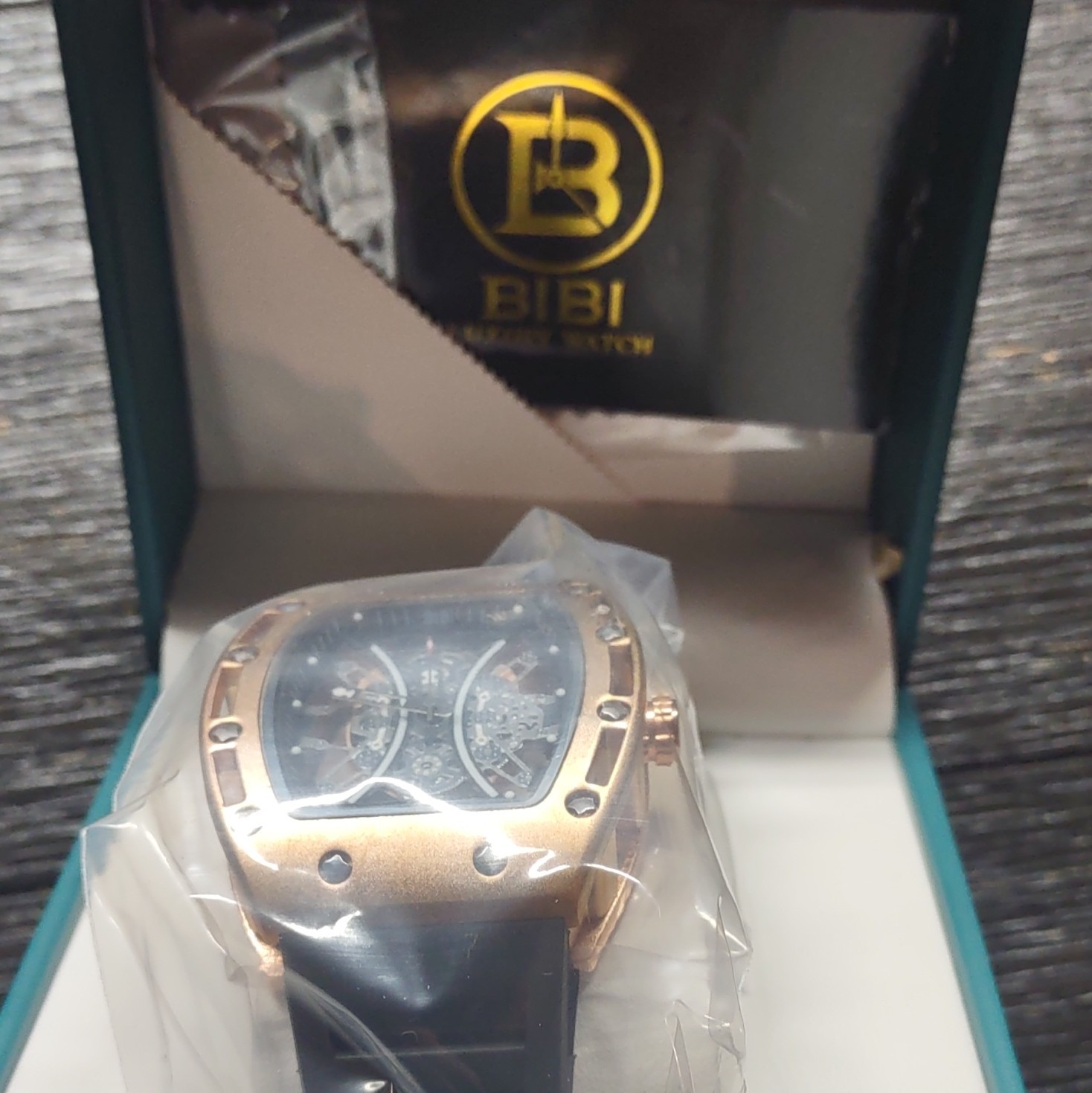 BIBI Luxury Watch Automatic Skeleton Dial Rose Gold Tonneau Black Rubber Strap