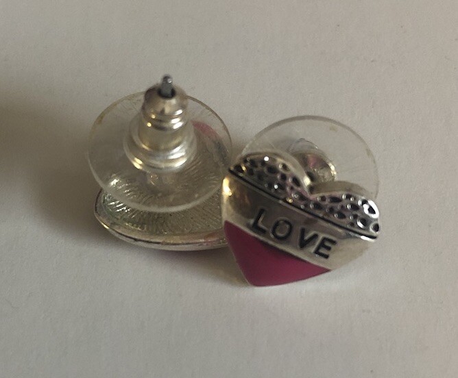 Love Heart Earrings for Pierced Ears Silver & Pink Push Secure Back .5 inch