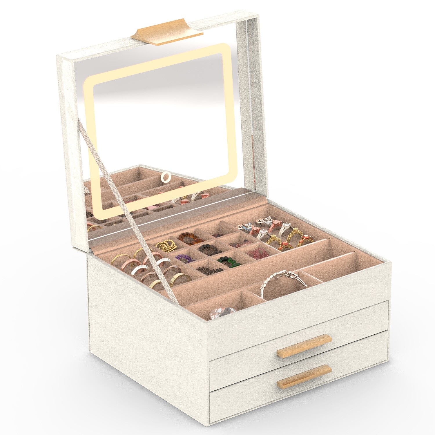 Jewelry Box with LED Mirror 3-Layer Jewelry Bracelets Organizer with 2 Drawers