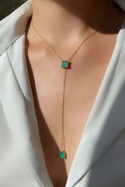 Colombian Emerald Lariat Y-Necklace Long Layering Pendant 18K Yellow Gold Plated