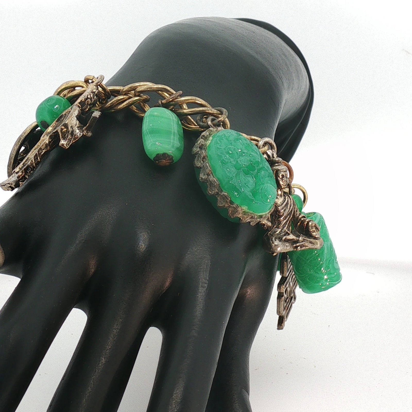 Vintage Gold Tone FOB Bracelet Green Carved Stone Jade‑Style Charms Asian Motif