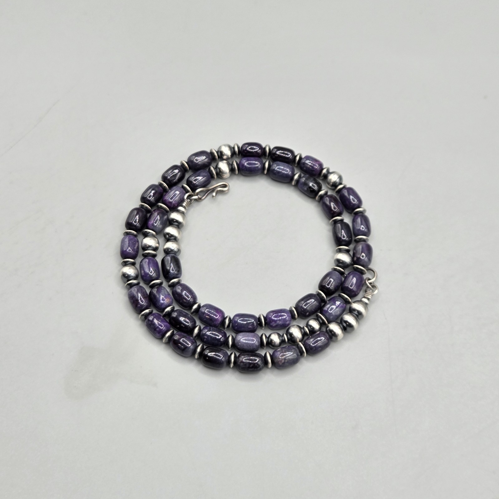 21.5″ Rare Sugilite Sterling Navajo Pearl Necklace Southwest Squash Petite 6+mm