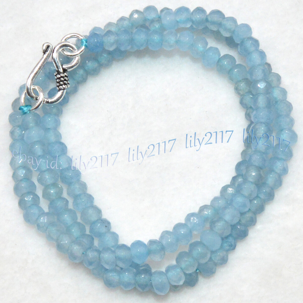 2x4mm Natural Light Blue Jade Faceted Gems Roundel Beads Necklace Silver Clasp