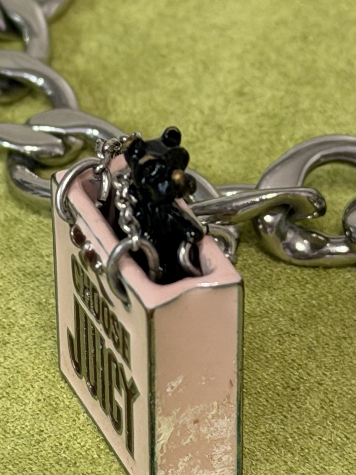 Juicy Couture Signed Silver/Pink Curb Link Charm Bracelet Toggle Crystal Enamel