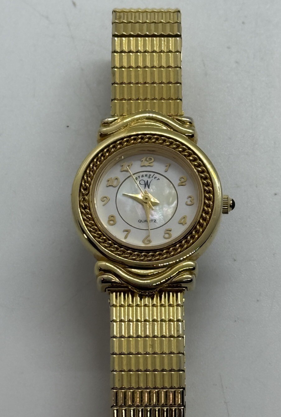 Vintage Wrangler Women’s Gold Tone Watch MOP Dial Stretch Bracelet W1264QB V377