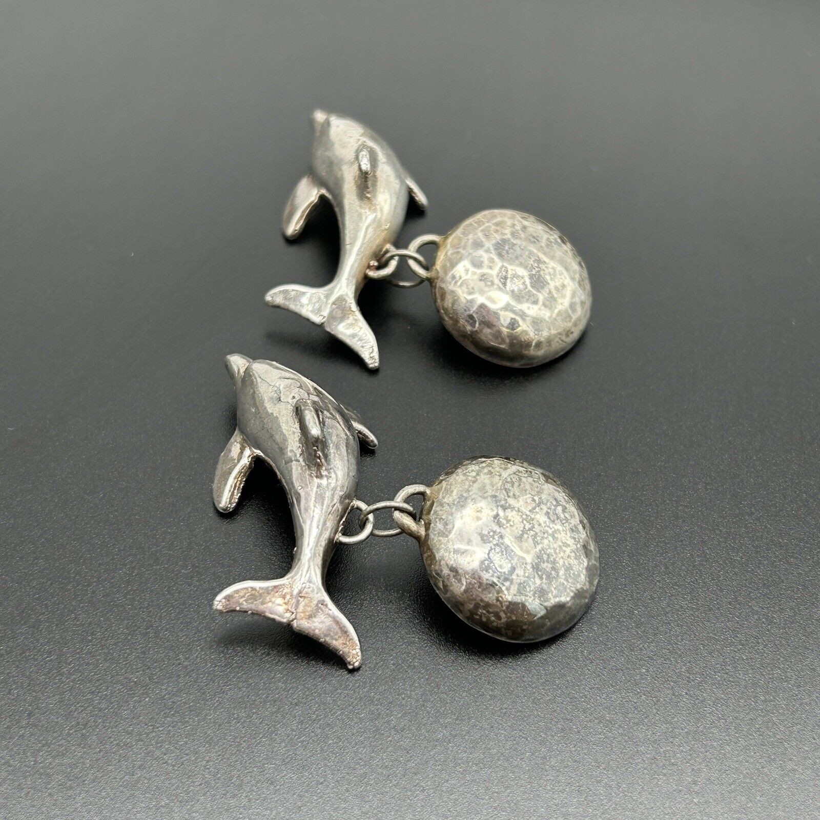 Vintage Signed Susan Cummings Sterling Silver Dolphin Dangle Clip On Earrings