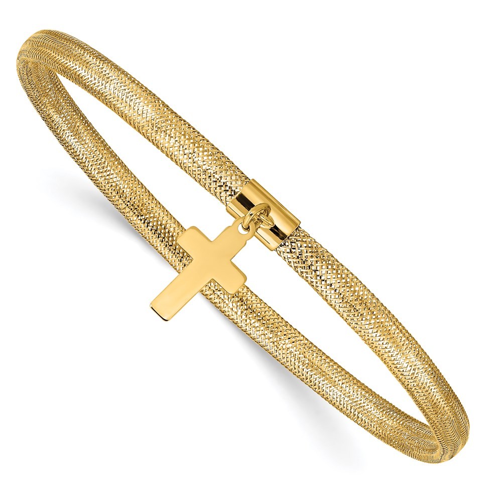 14k Yellow Gold 4mm Cross Dangle Woven Mesh Slip-on Stretch Bracelet