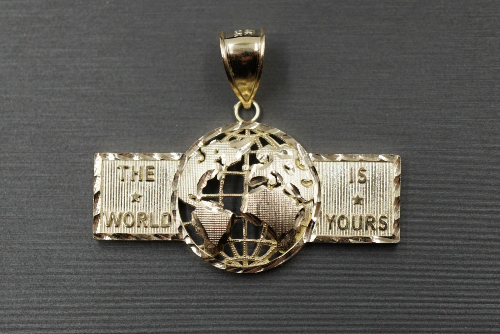 10K Solid Yellow Gold THE WORLD IS YOURS Diamond Cut Charm Pendant.