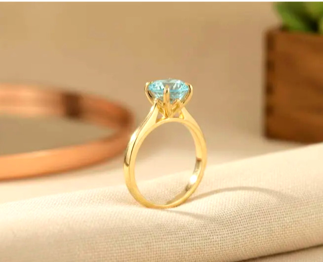 Natural Aquamarine 5.20 CT Cut Women’s Ring 14K Yellow Gold Plated Ring