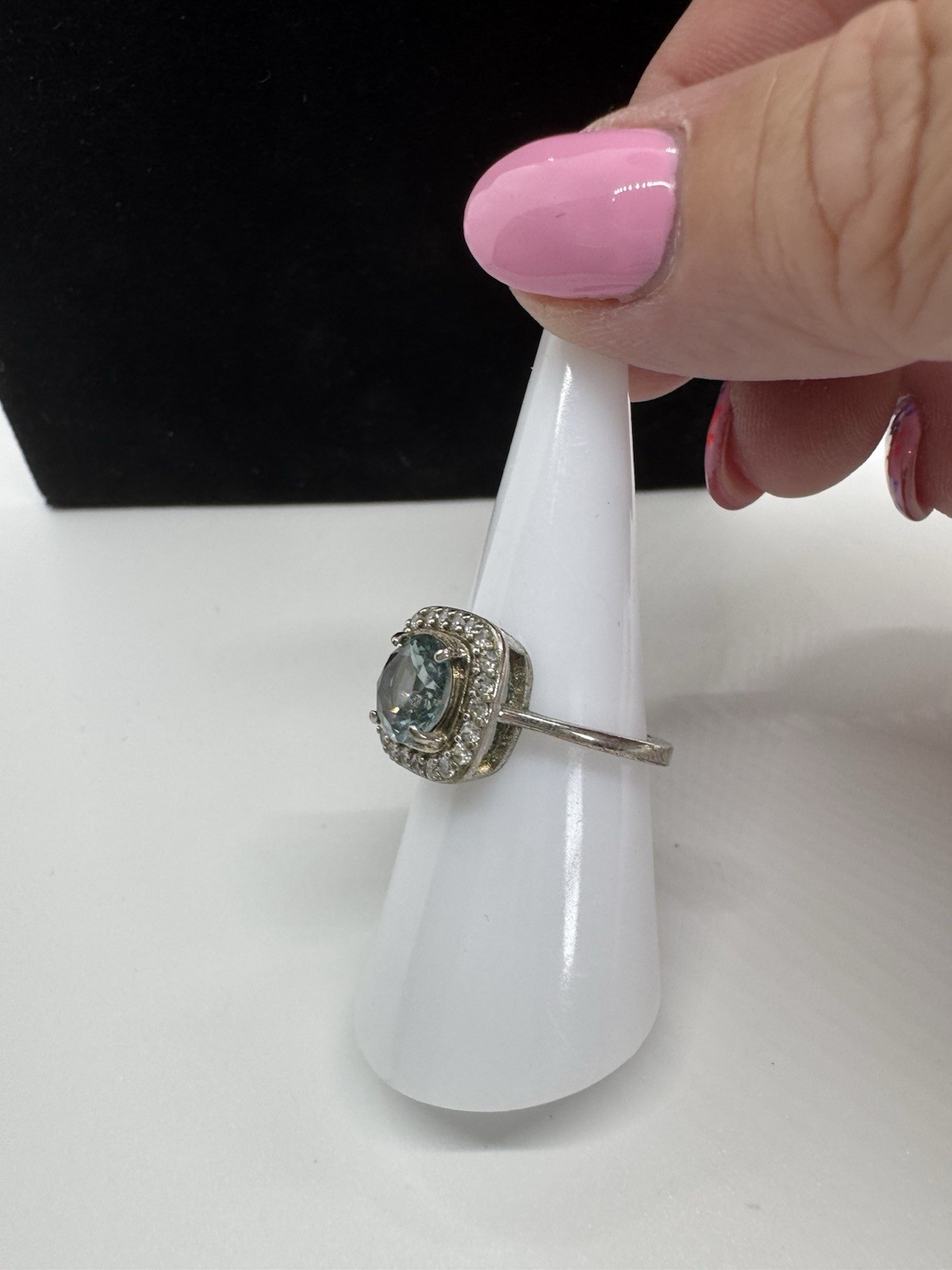 Bomb Party Silver Tone Blue Crystal Cushion Halo Cocktail Ring Size 7
