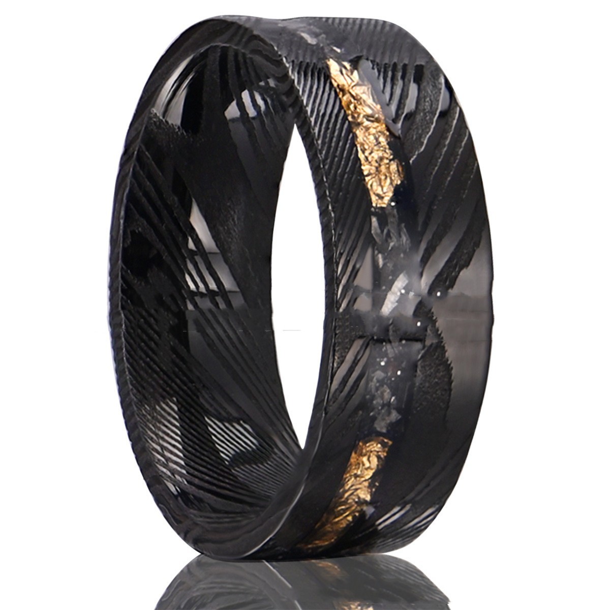Wide Damascus Steel Ring Electric Black Flat