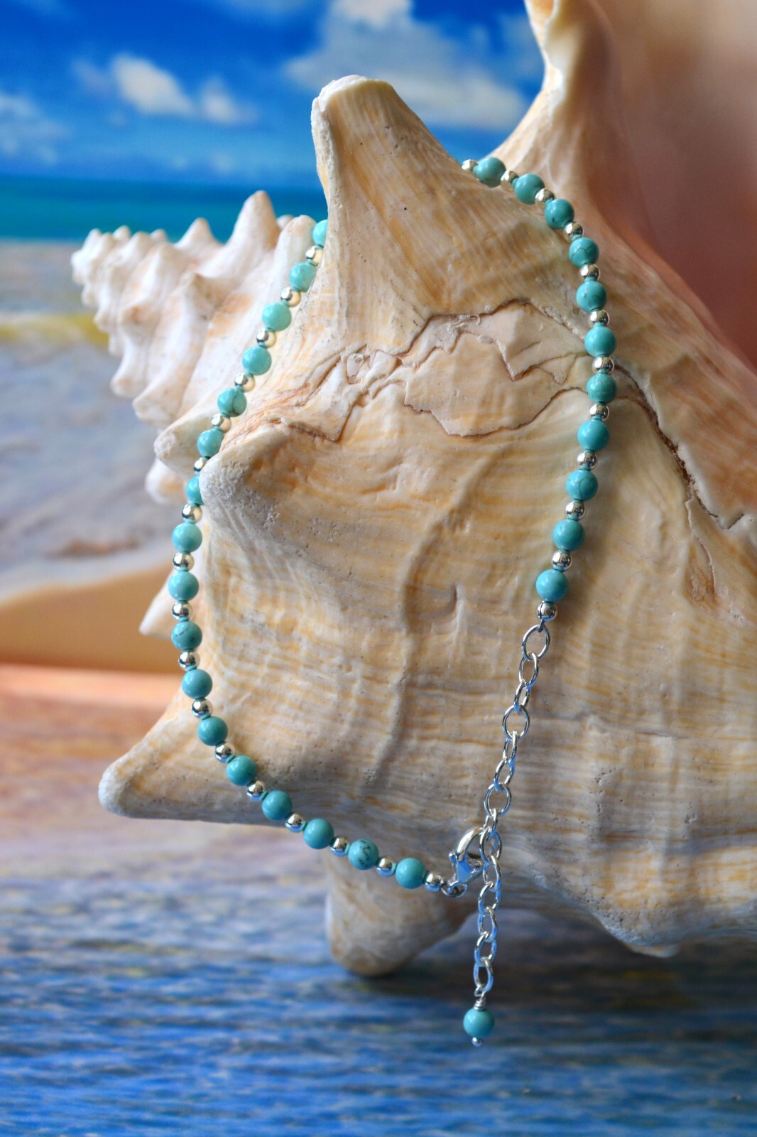 4mm Turquoise Bead and 3mm Sterling Silver Bead Ankle Bracelet 9 to 11 Inches
