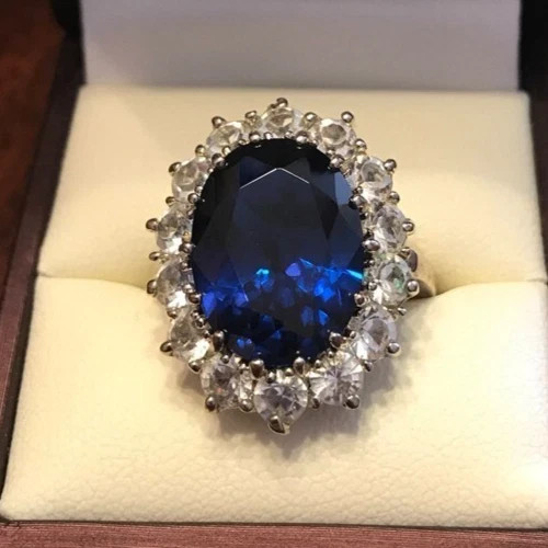 Oval Cut Lab Created Sapphire Diamond Halo Wedding Ring 14K White Gold Plated