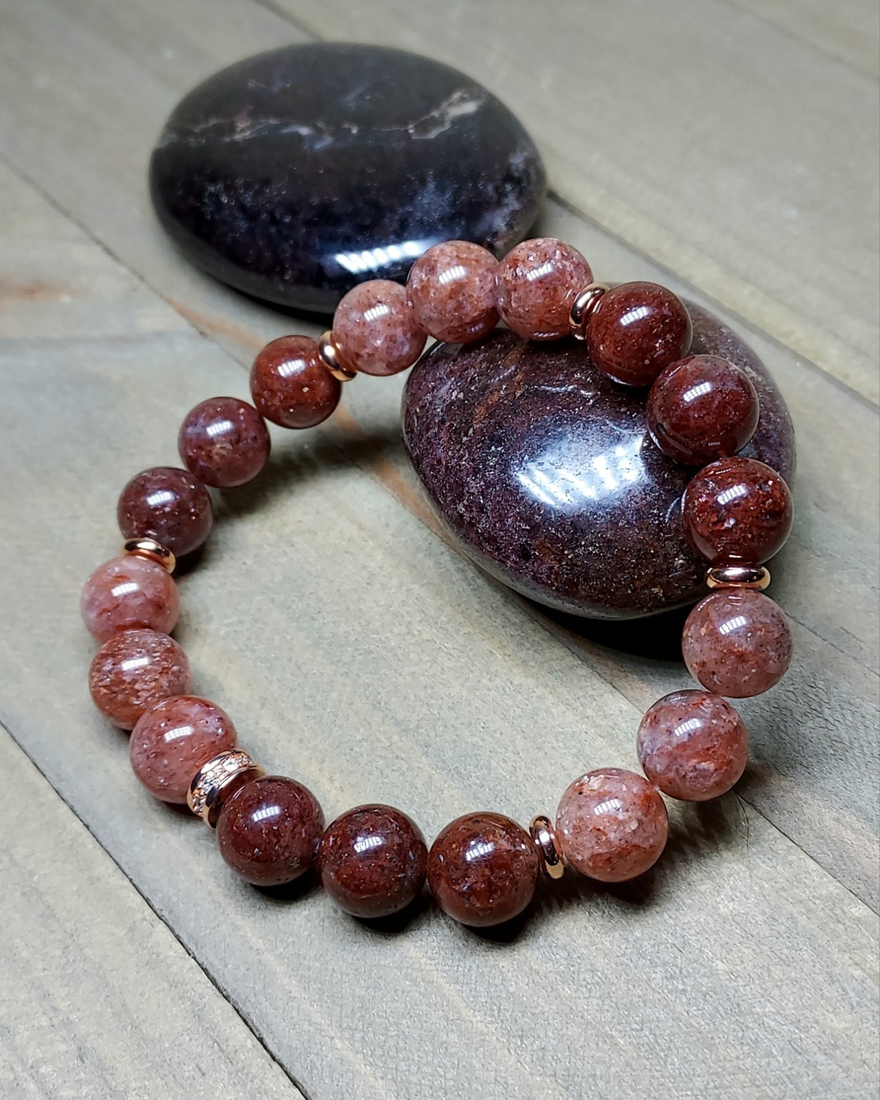 Red Phantom Quartz Gem Bead Bracelet In Rose Gold Stretch One of a Kind 6.75″