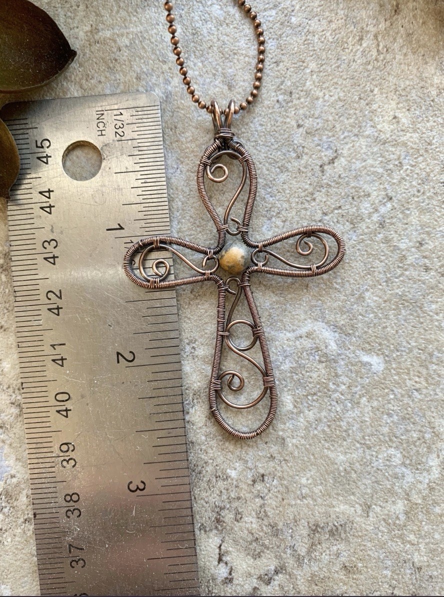 Handmade Copper Wire Wrapped Cross Pendant Necklace w Jasper Bead Artisan Boho