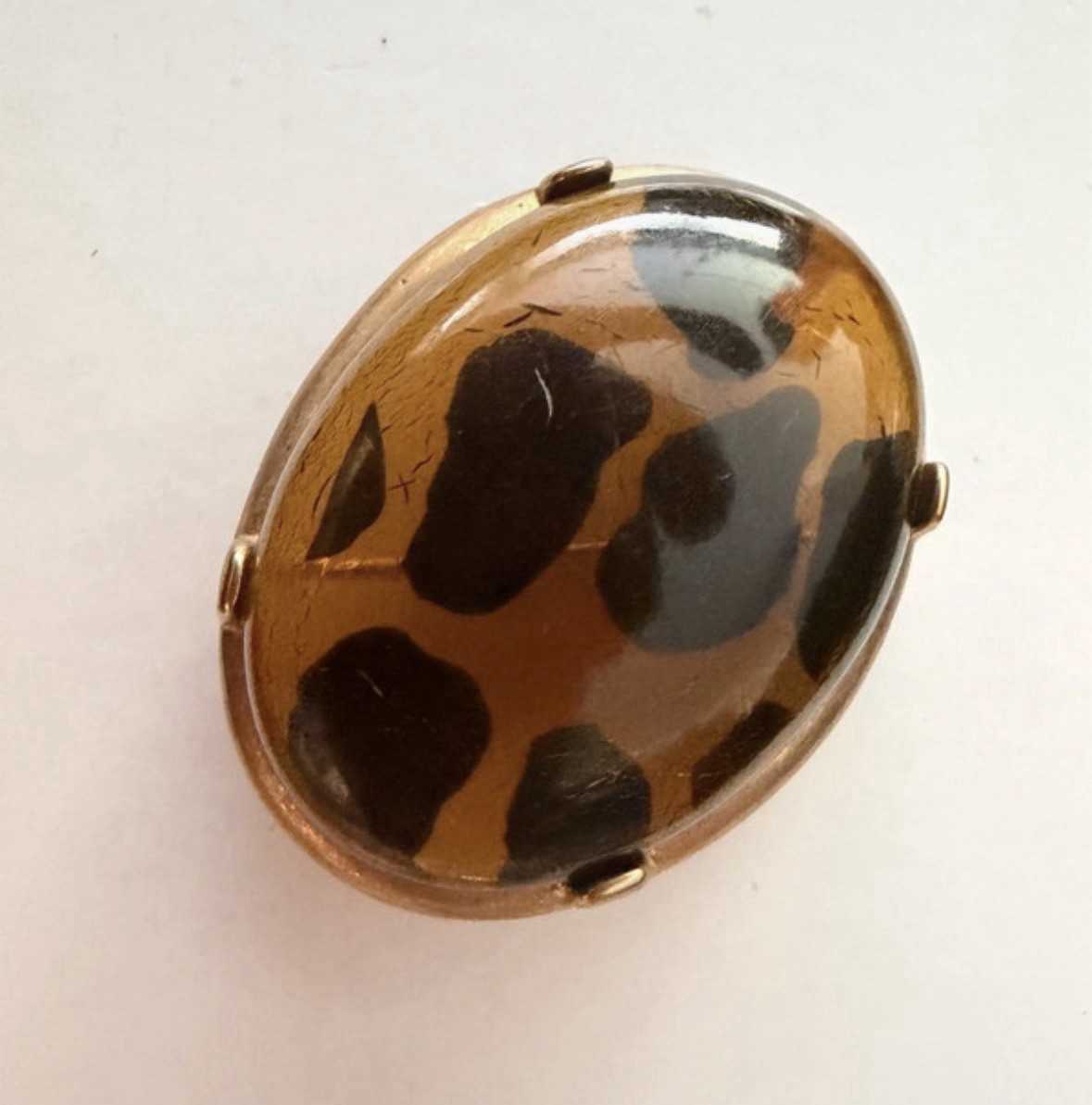 MJ Lent Vintage Animal Print Oval Cabochon Brooch Pin & Clip-On Earrings Set