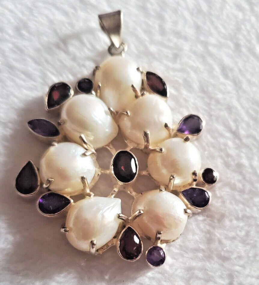 Freshwater Pearl Amethyst & Garnet 925 Sterling Silver Modernist Pendant