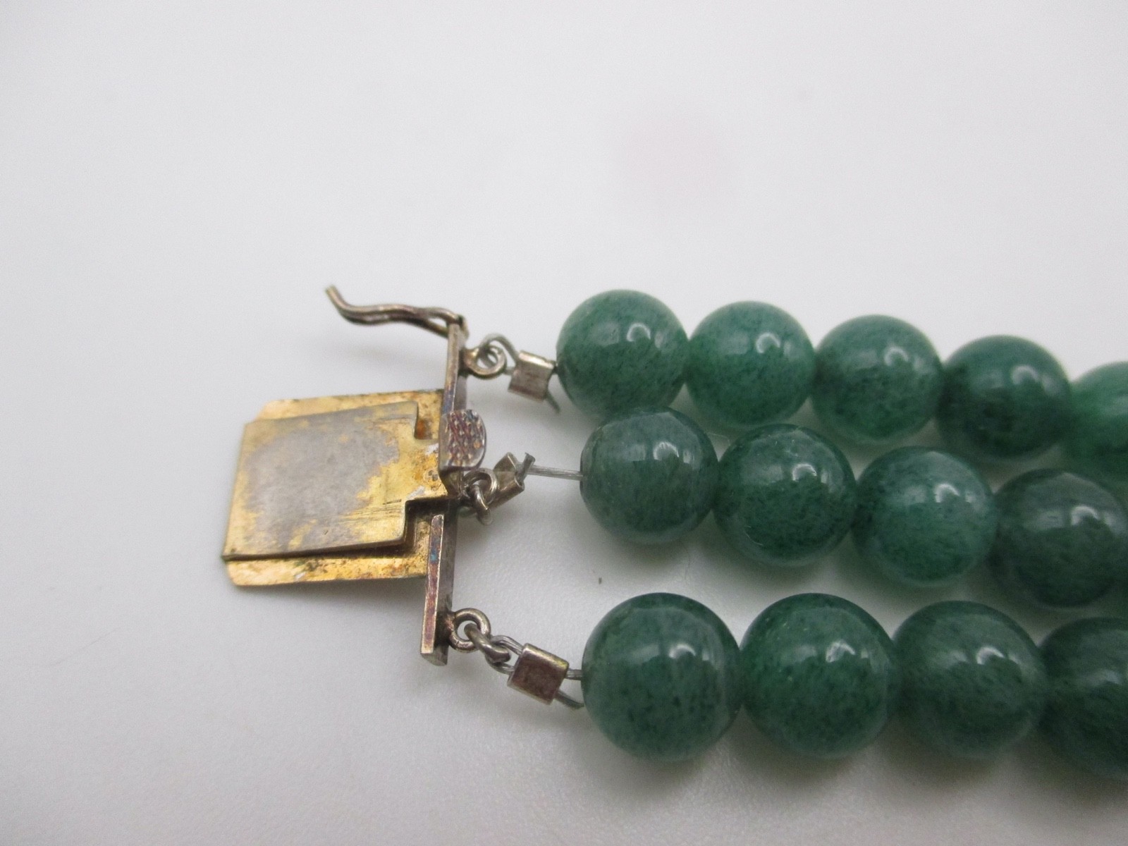 VTG Chinese Export Jade Jadeite 3 Row Beaded Bracelet Carved Flower Clasp Silver