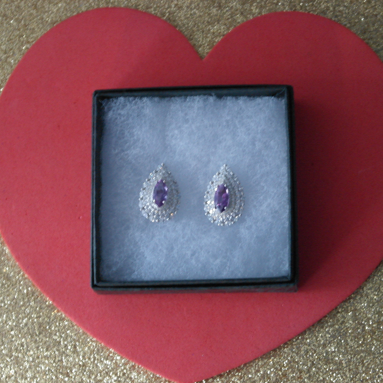 IMPRESSIVE! NATURAL! 4 X 10 mm. PURPLE AMETHYST & WHITE CZ..925 SILVER EARRINGS