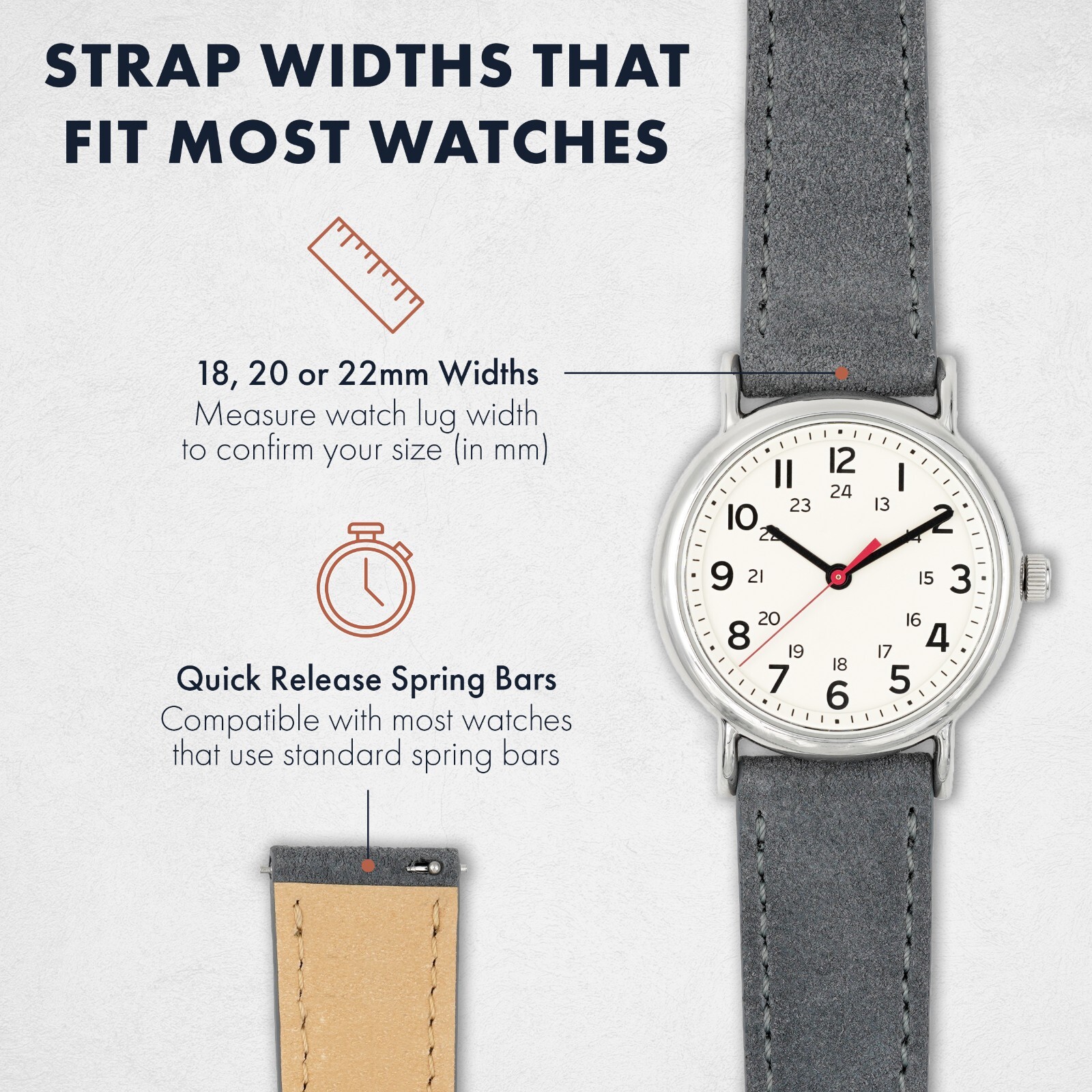 Suede Quick Release Watch Band – Grey – 18, 20 or 22mm