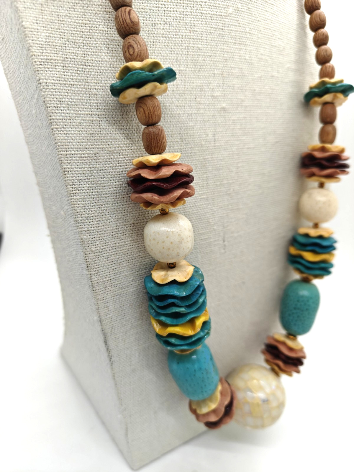 Wooden Boho Necklace Mother Of Pearl Bead Blue Yellow Pink Brown Colorful