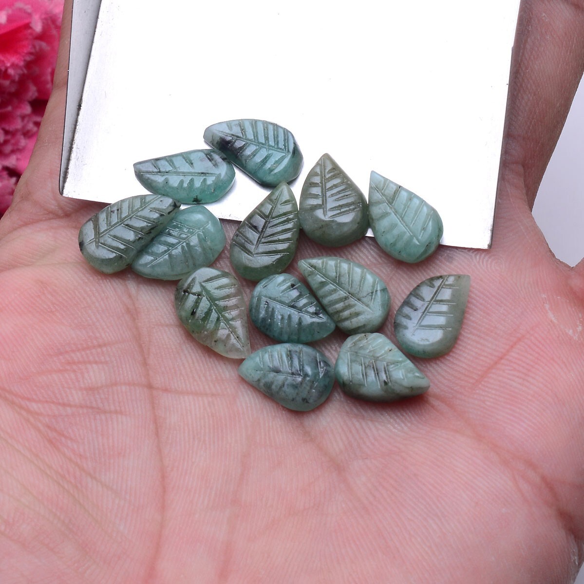 13 Pcs Natural Emerald Untreated 11mm-14mm Leaf Hand Carving Huge Gemstones Lot