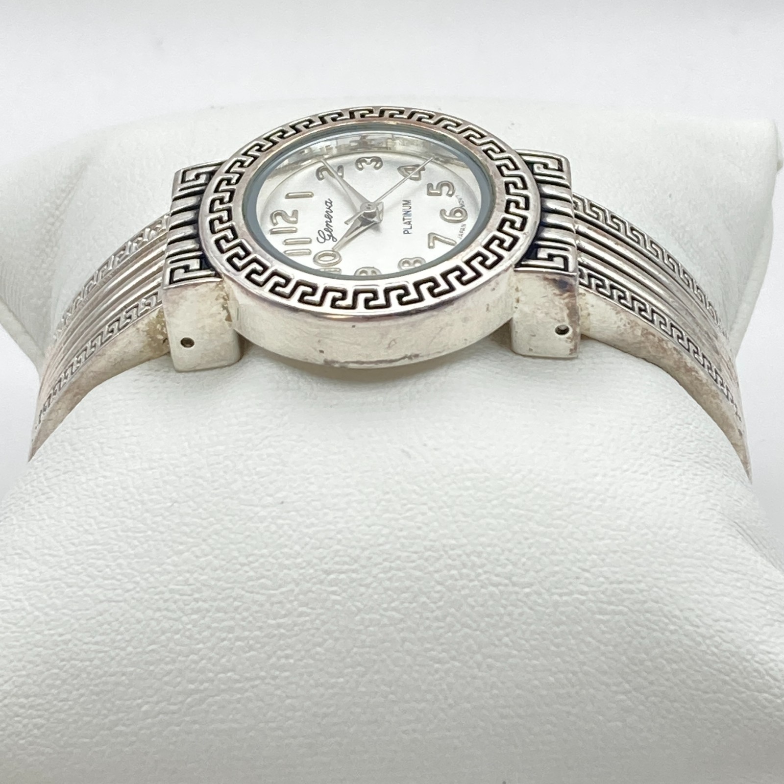 Geneva Women’s Watch 27mm Greek Key Silver Tone Cuff Round New Battery 6.25″