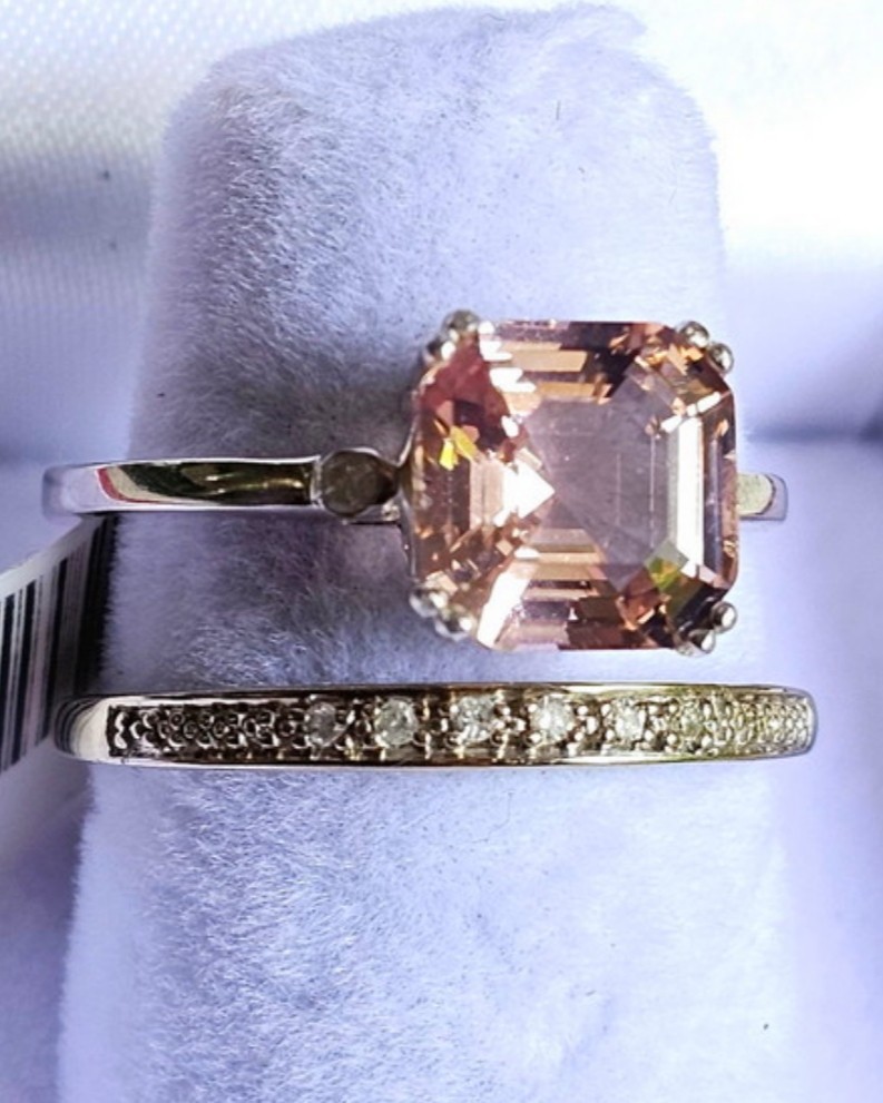 10k White Gold Pink Peach Morganite Solitaire & Diamond Band Ring Set Size 7
