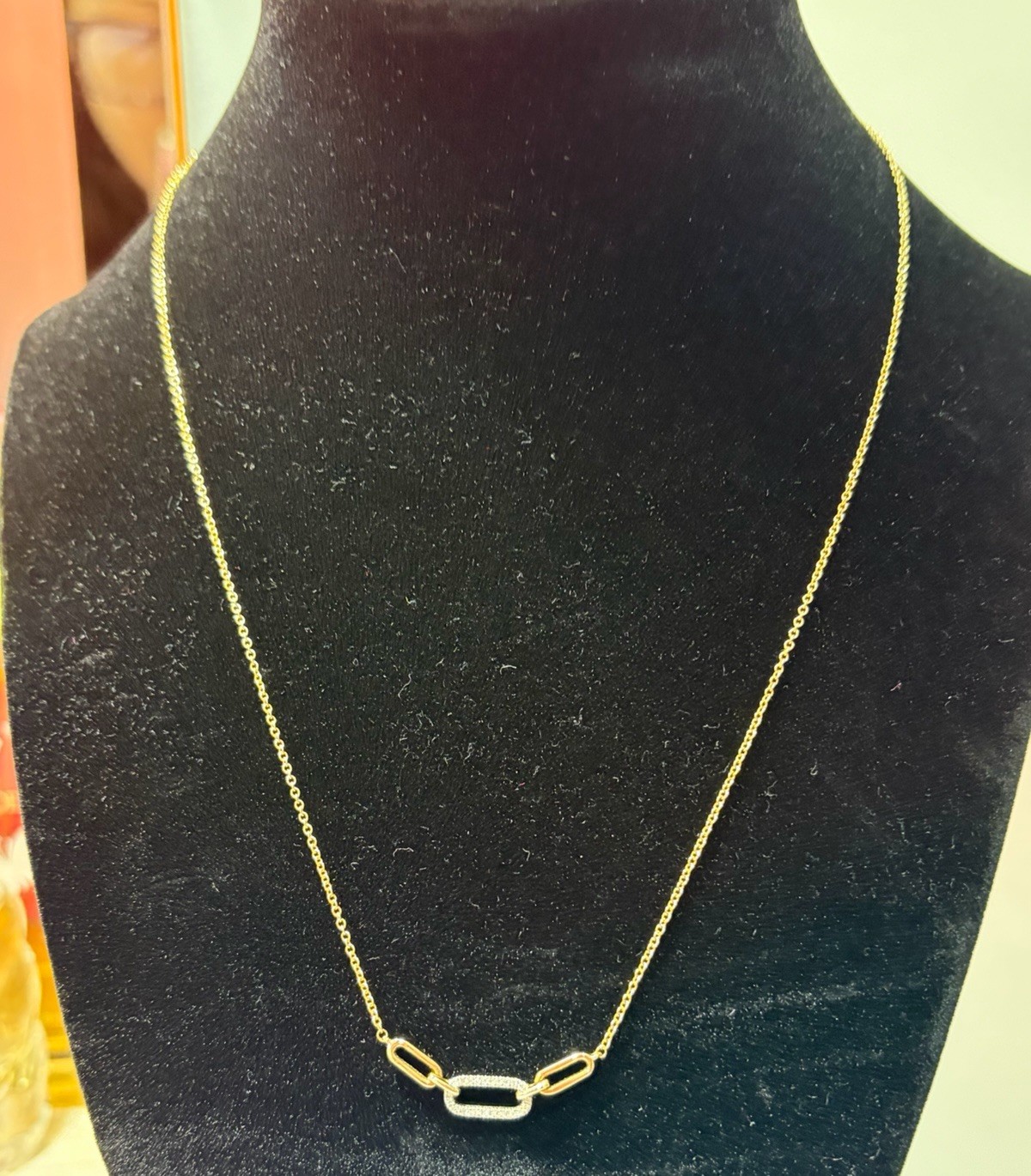 10K Yellow Solid Gold Pave Diamond Triple Paperclip Link Designer Necklace