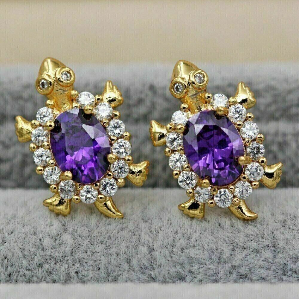 4Ct Oval Simulated Purple Amethyst Tortoise Stud Earrings 14k Yellow Gold Plated