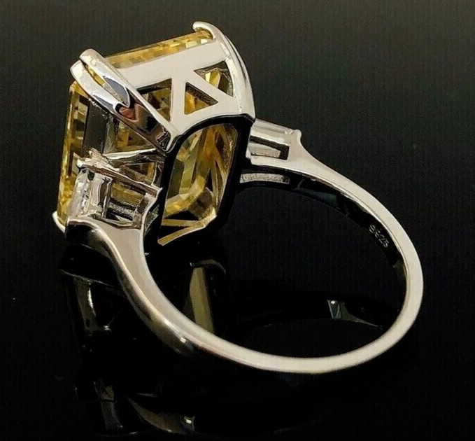 RARE 8.40 Ct Champagne Emerald Cut Solitaire Treated Diamond 925 Silver Ring