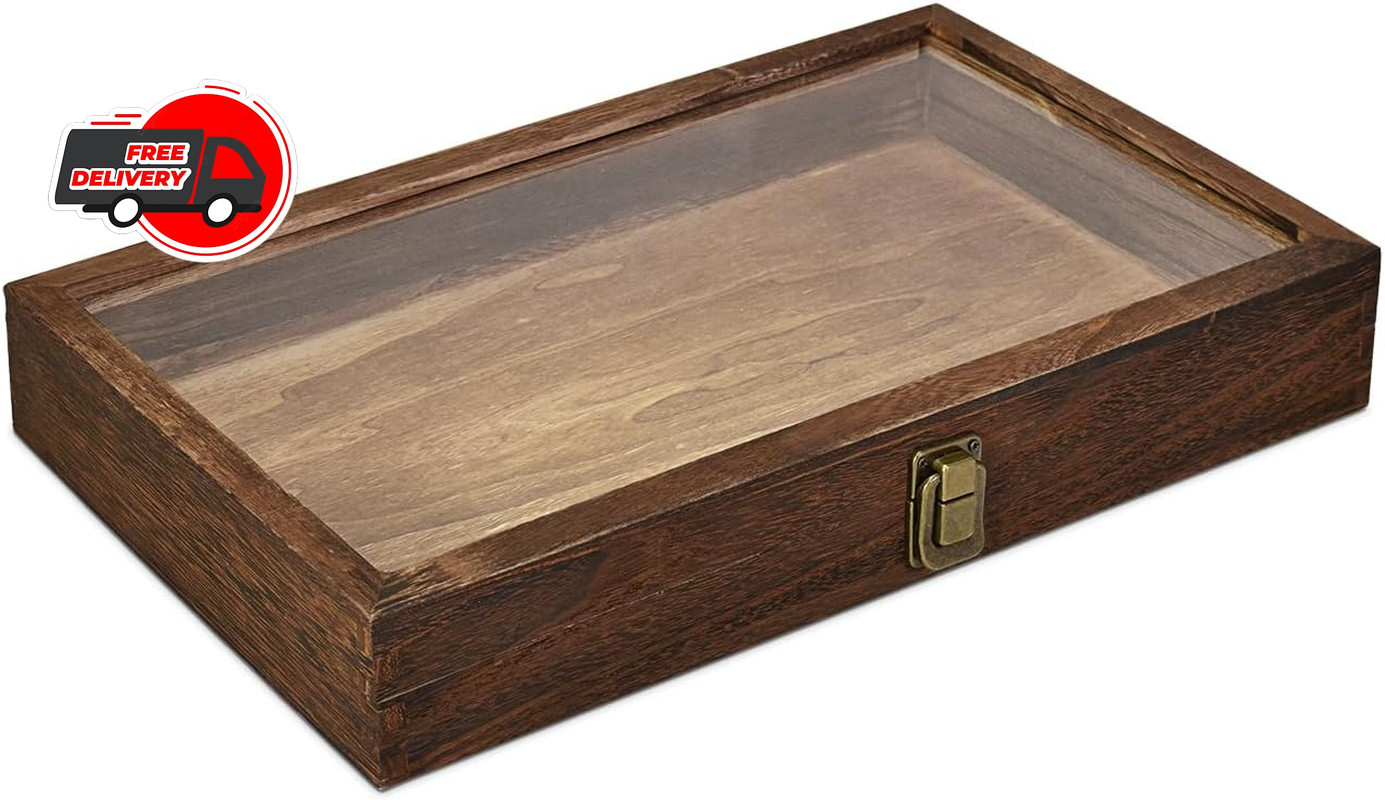 Wooden Jewelry display case with Tempered Glass Top Lid, Brown ,15×8.5×2 Inches