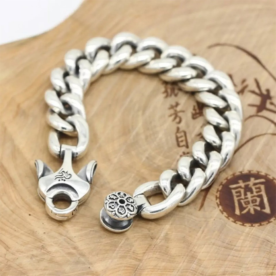 Solid 925 Sterling Silver Chain 14mm Mantra Curb Cuban Link Bracelet 114g/8.6in
