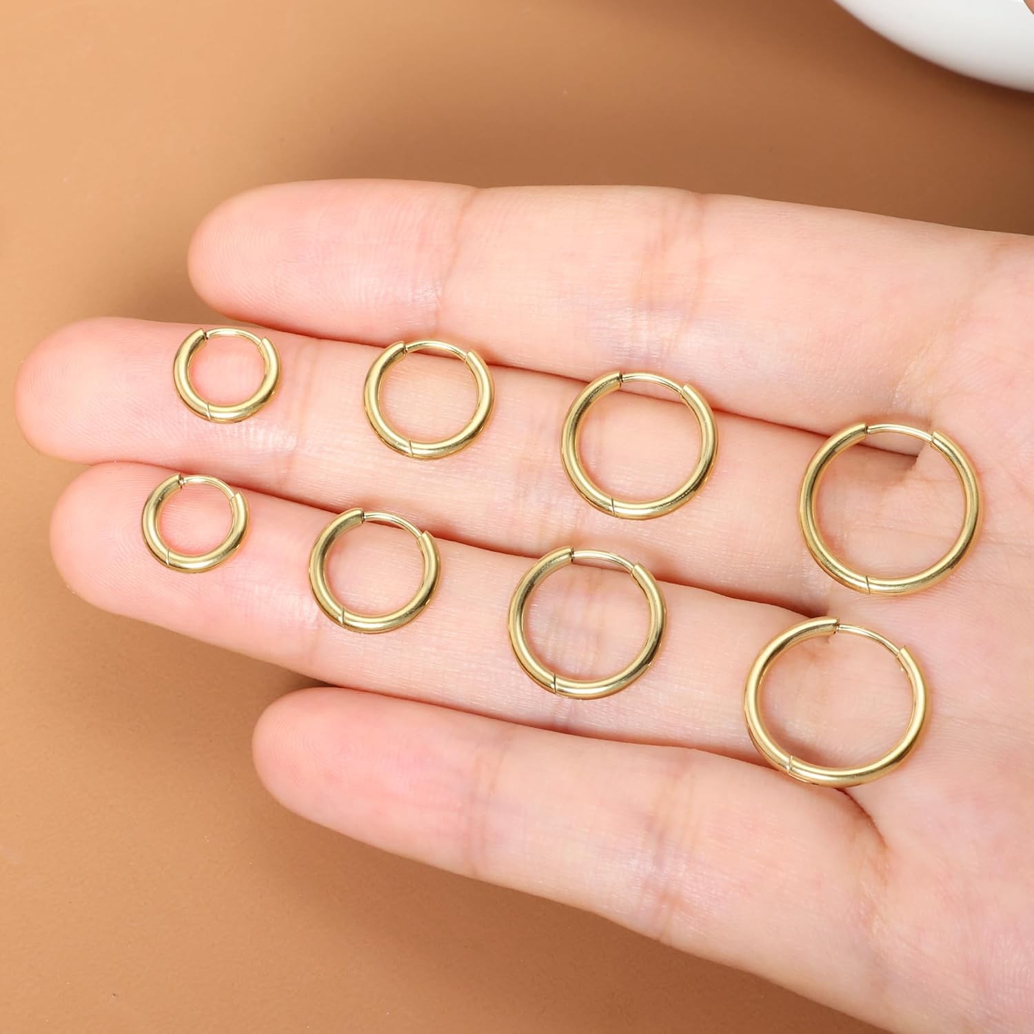 6/8/10/12Mm Small Hoop Earrings for Women Men Girls 14K Real Gold Plated Thin Go