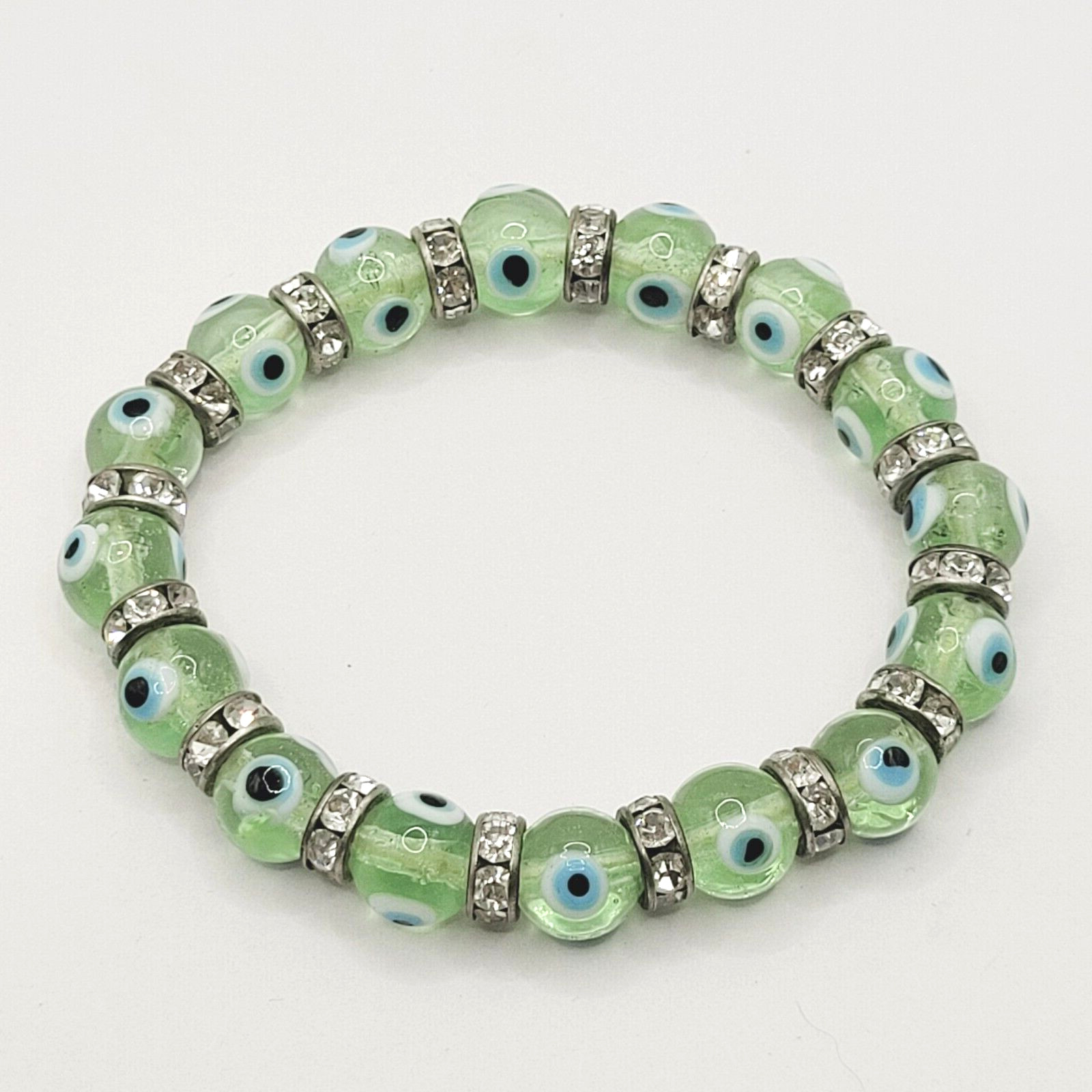 Modern Three Glass Bead w Rhinestone Jade Milky Glass Color Stretch Bracelet Set