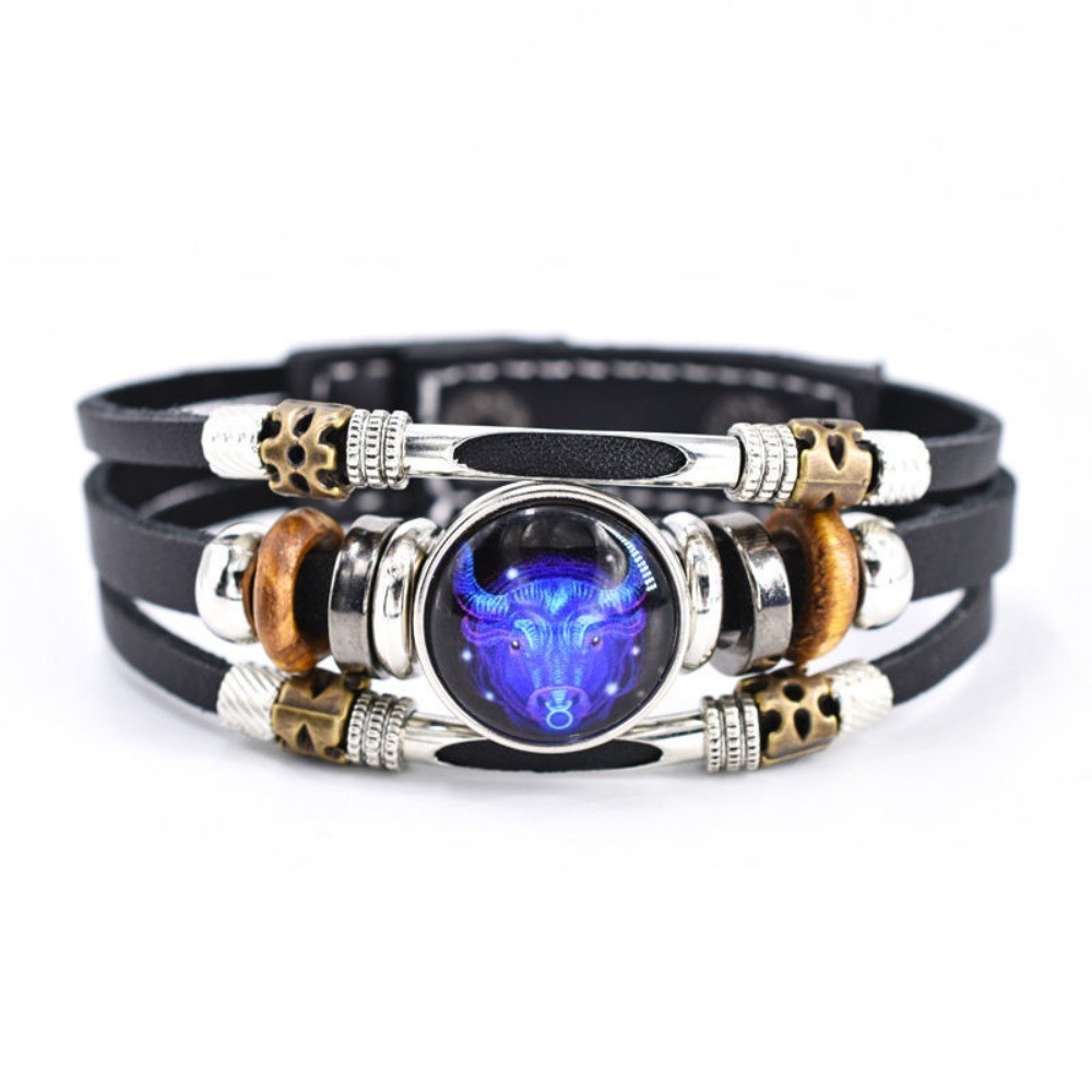 Zodiac Signs Spirit Bracelet, Beaded 12 Constellation Zodiac Leather Bracelet