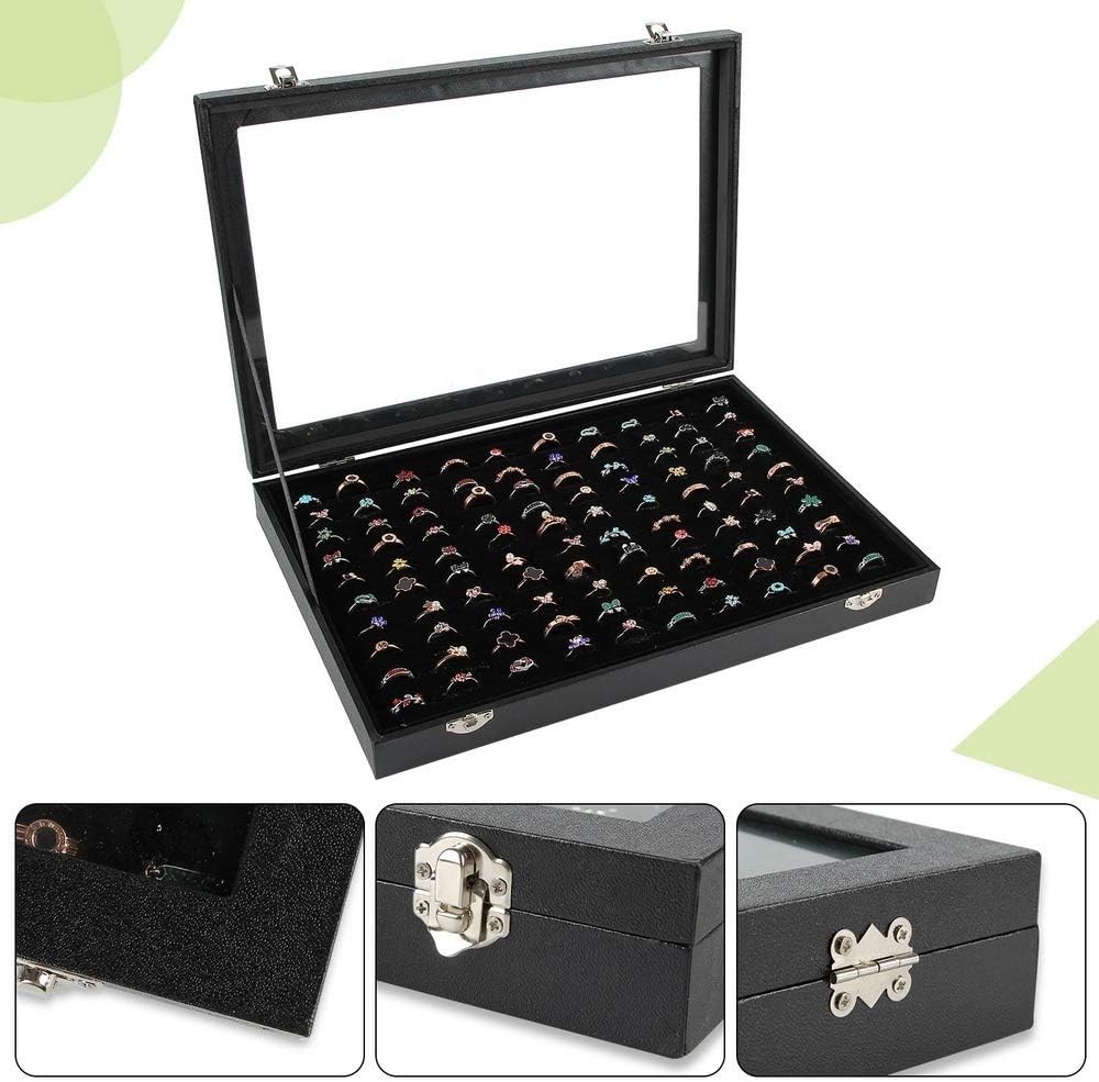 Elegant Black Ring Display Case with 100 Slots & Transparent Lid, 10×14 inches