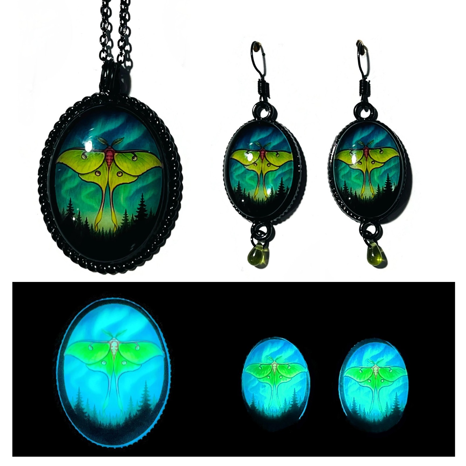 Luna Moth Aurora Borealis Glow in the Dark Pendant Necklace or Earrings