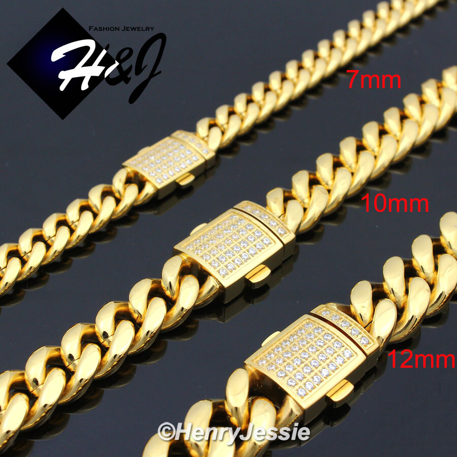 18″-40″Stainless Steel 7mm Gold Plated Cubic Zirconia Miami Cuban Necklace*GN165