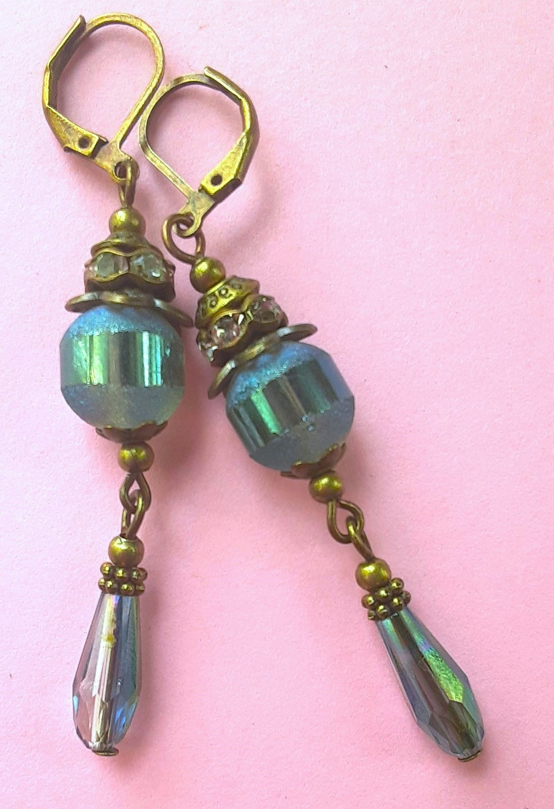 Banded Frosted CRYSTAL dangle earring Bronze LEVERBACK handcrafted #DMX
