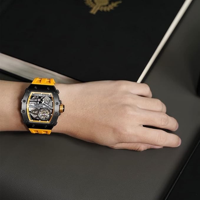 TSAR BOMBA Men’s Automatic Watch Tonneau Luxury Skeleton Yellow SGLZTB8209-F