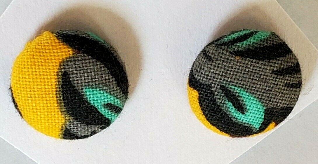 Yellow,Turquoise Blue Black Gray Fabric Button Pierced Earrings New – Hand Made