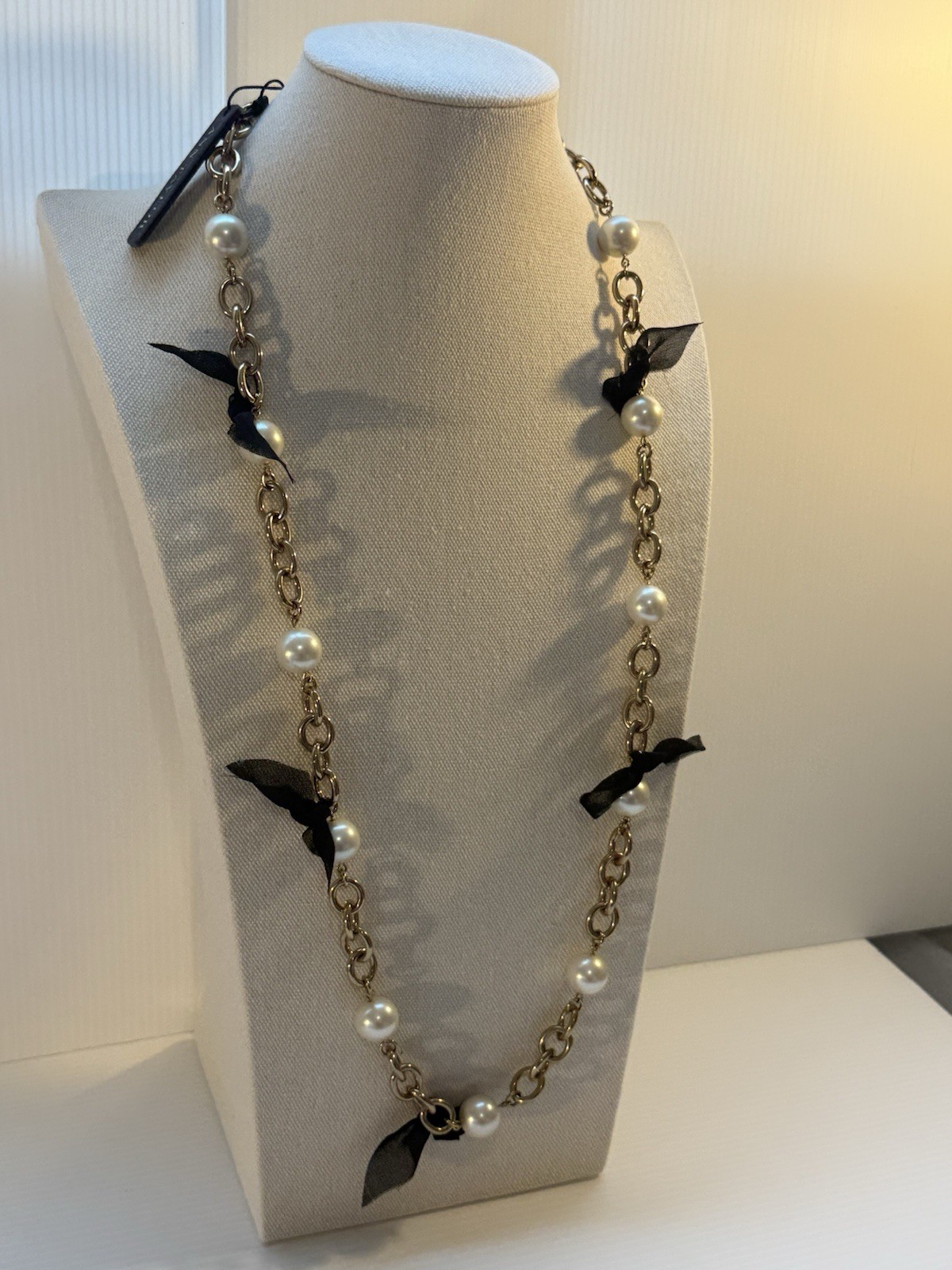 90’s Ann Taylor NWT Statement Necklace Chain Pearl Ribbon Heavy Chunky 33.5” L