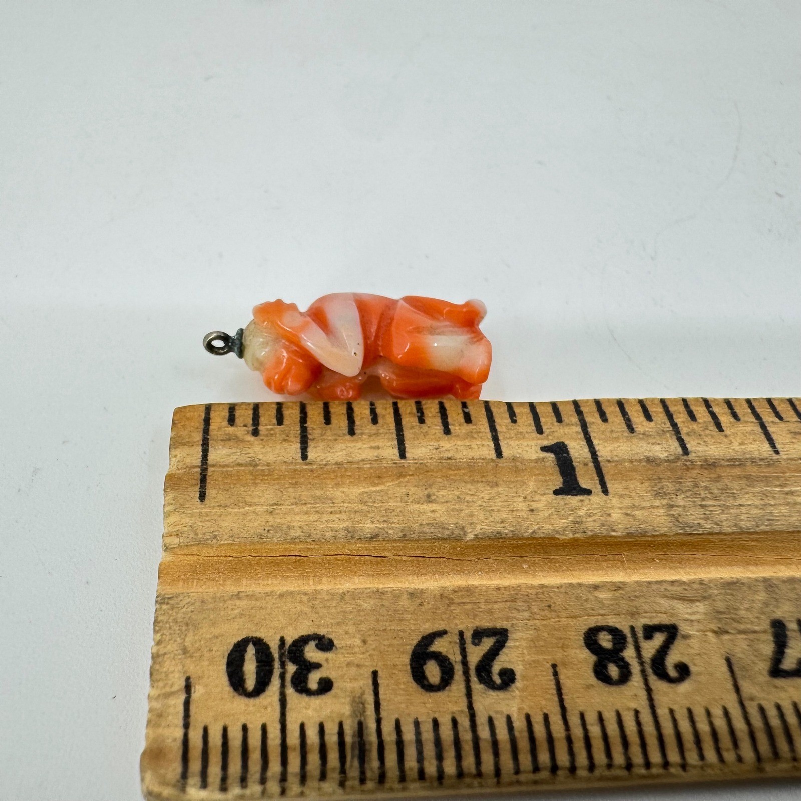 Antique Carved Coral Hear No Evil Monkey Charm Pendant Orange White 17mm